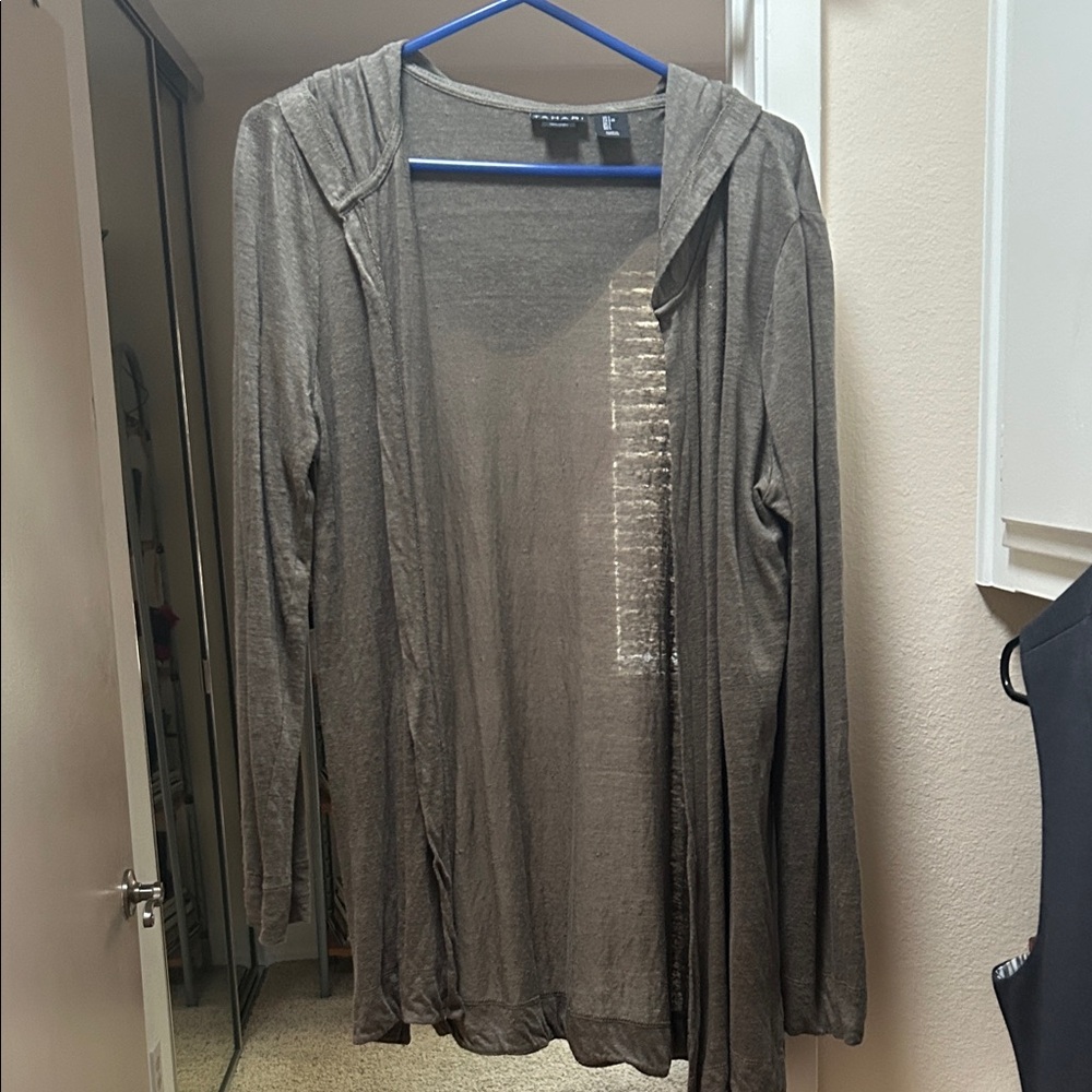 Tahari Linen Sheer Brown Hooded Cardigan